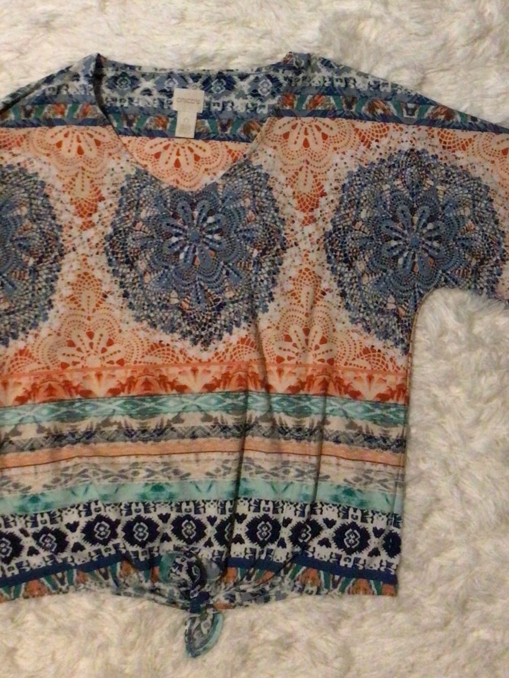 Chico's Women’s Multicolor Blue Orange Tie-Hem Short Sleeve Top